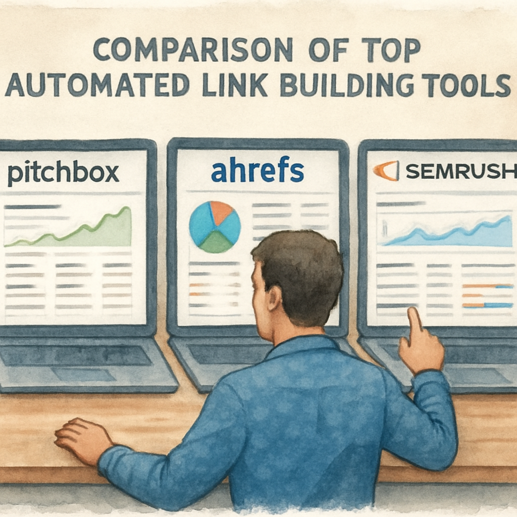 A modern marketer comparing three laptop screens showing Pitchbox, Ahrefs, and SEMrush dashboards side by side. Alt: Comparison of top automated link building tools dashboards