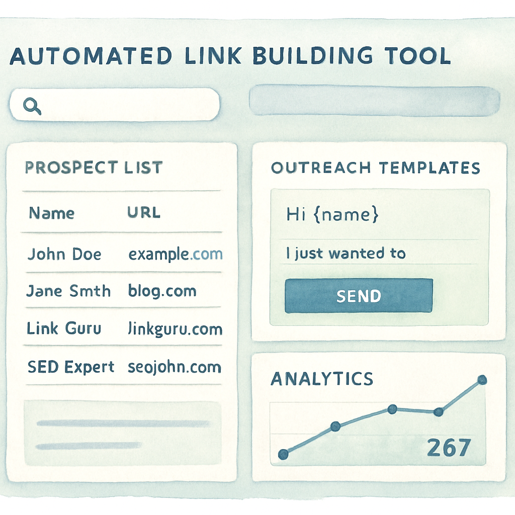 A sleek dashboard view of an automated link building tool showing prospect list, outreach templates, and analytics. Alt: Automated link building tool dashboard for SEO