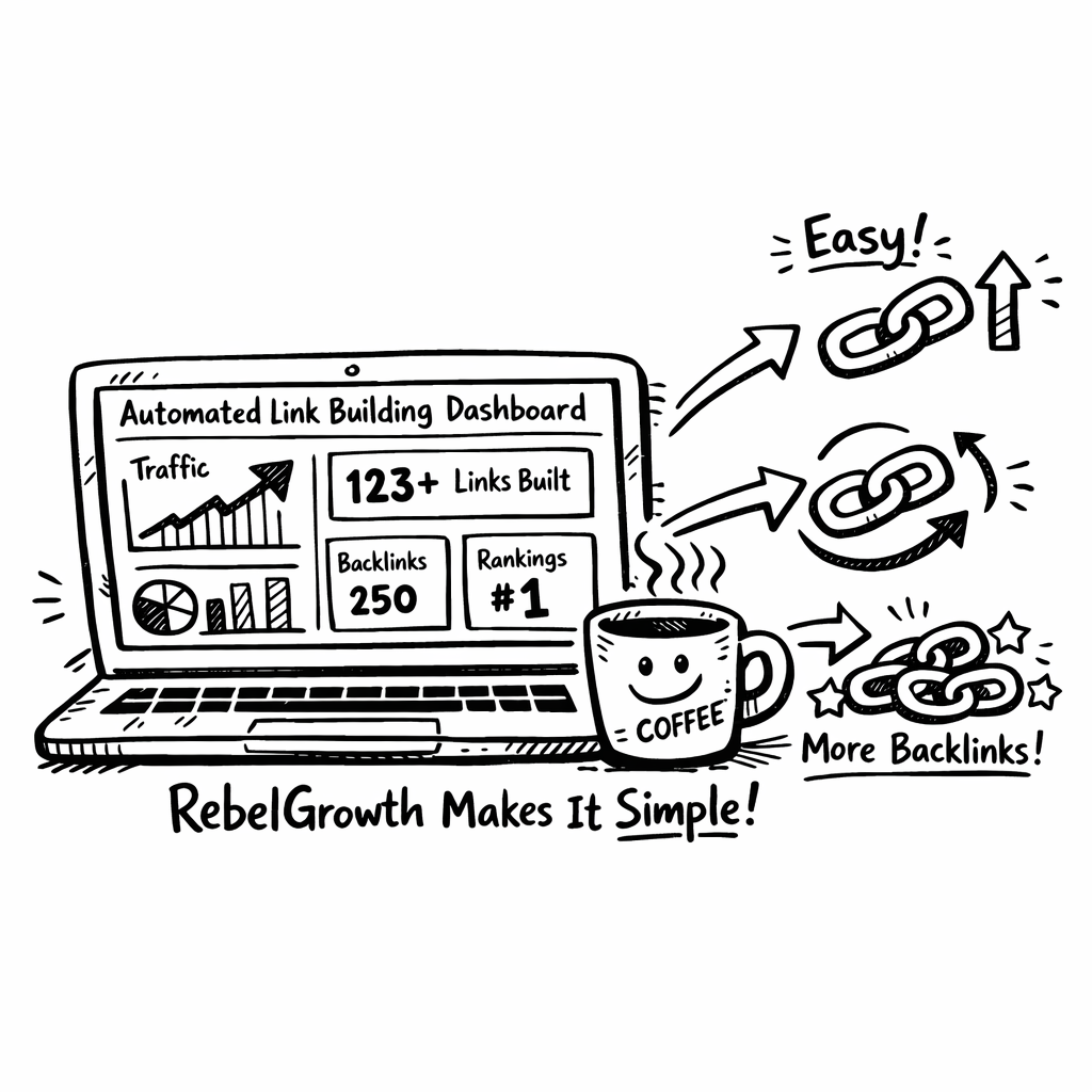 A doodle style illustration of a laptop screen showing a dashboard with automated link building metrics, a coffee mug beside it, and cartoon arrows pointing to growing backlink icons, representing the ease of using RebelGrowth for digital marketers.