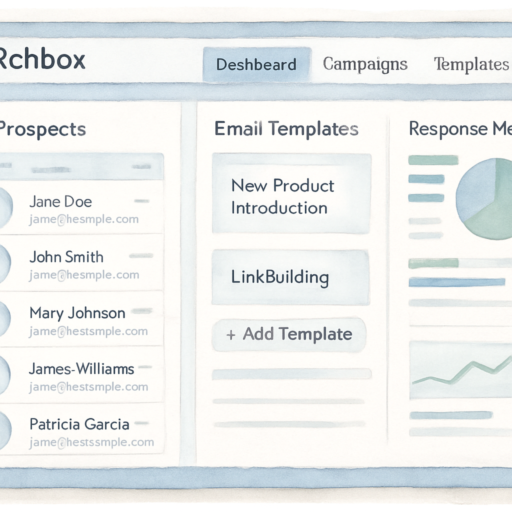 A sleek dashboard view of Pitchbox’s outreach interface, showing prospect list, email templates, and response metrics. Alt: Pitchbox outreach dashboard for automated link building