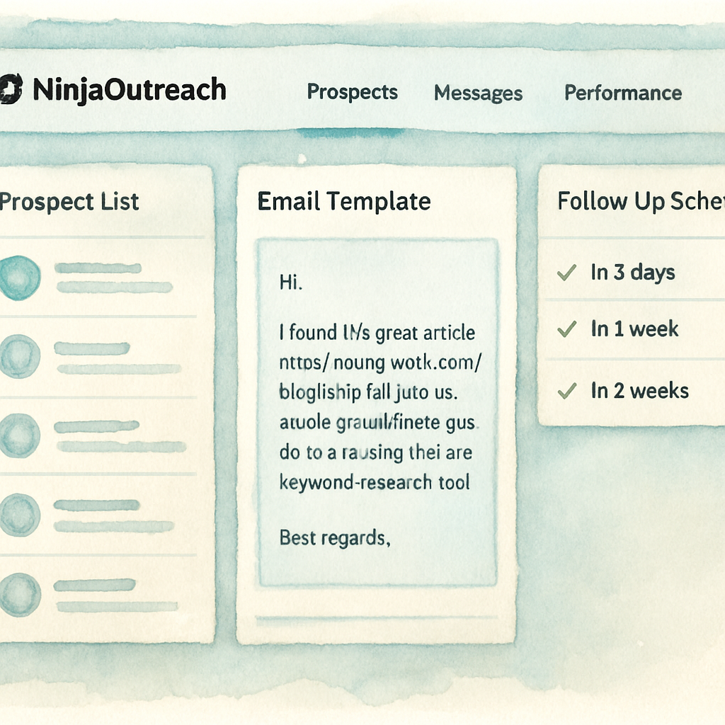 A sleek UI screenshot of NinjaOutreach showing prospect list, email template, and follow‑up schedule. Alt: NinjaOutreach dashboard for automated link building