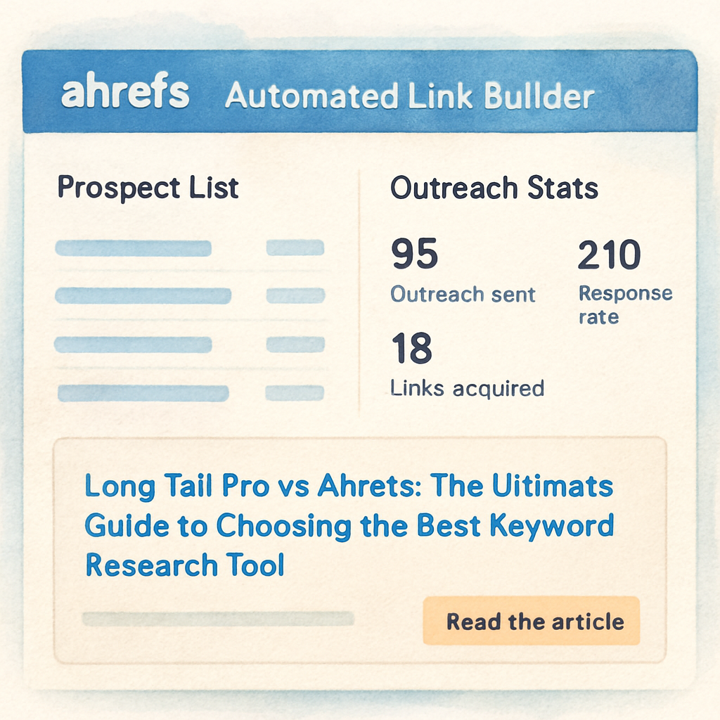 A sleek dashboard view of Ahrefs Automated Link Builder showing prospect list and outreach stats. Alt: Ahrefs automated link builder interface for SEO link building.
