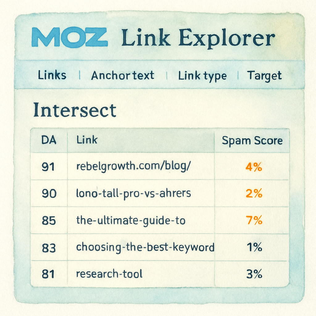 A sleek dashboard screenshot showing Moz Link Explorer filters and intersect report, with highlighted DA and Spam Score columns. Alt: Moz Link Explorer automation dashboard for link building.