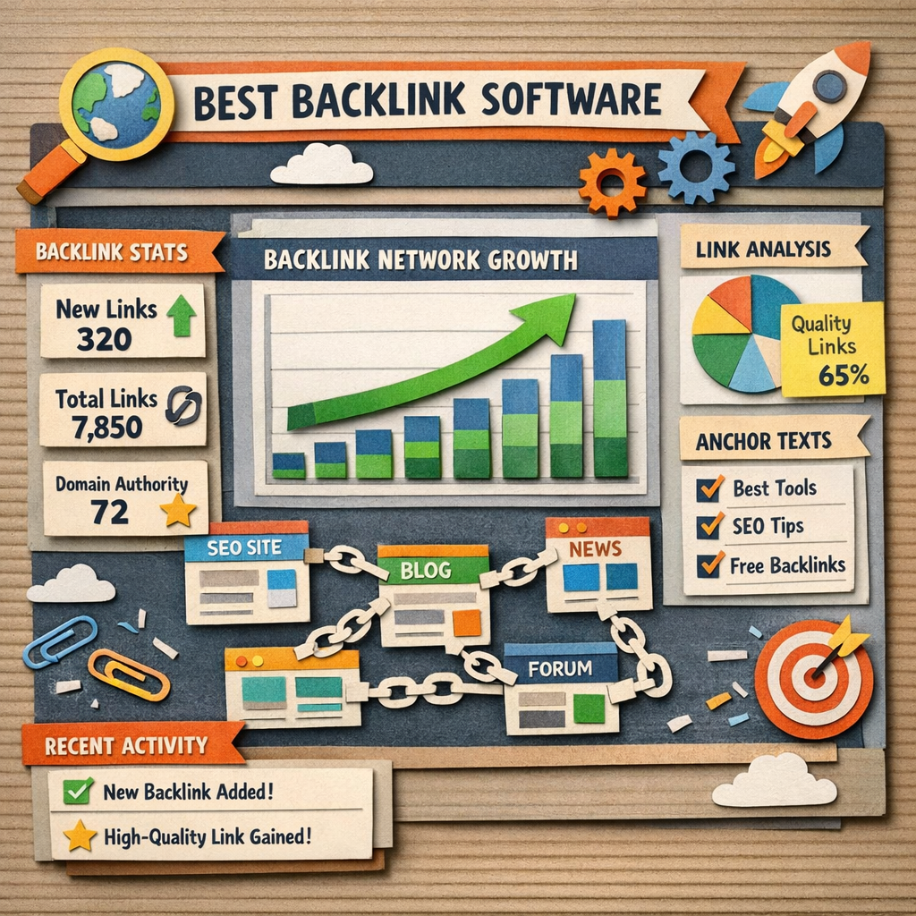 Papercraft style illustration of a digital dashboard showing backlink network growth, alt: best automatic backlink software dashboard