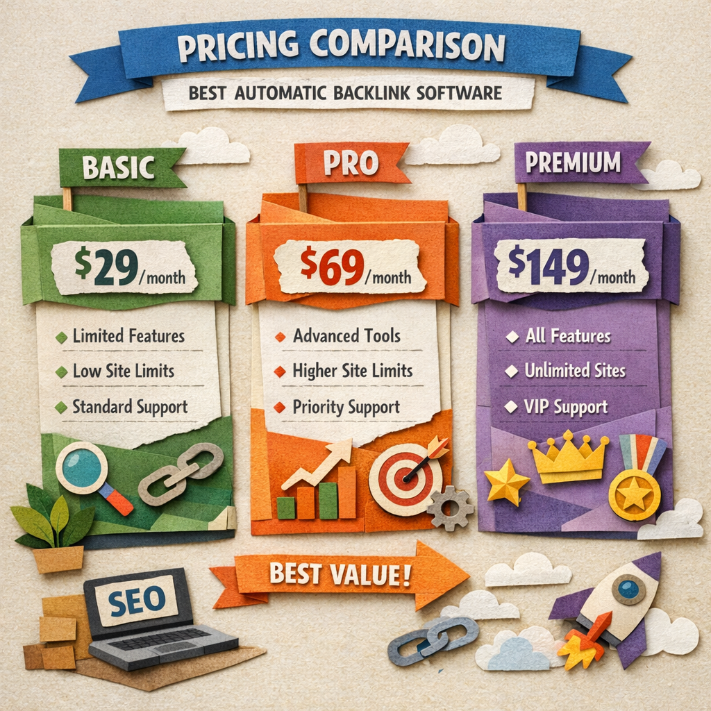 Papercraft style infographic comparing pricing tiers of backlink software, alt: pricing comparison best automatic backlink software