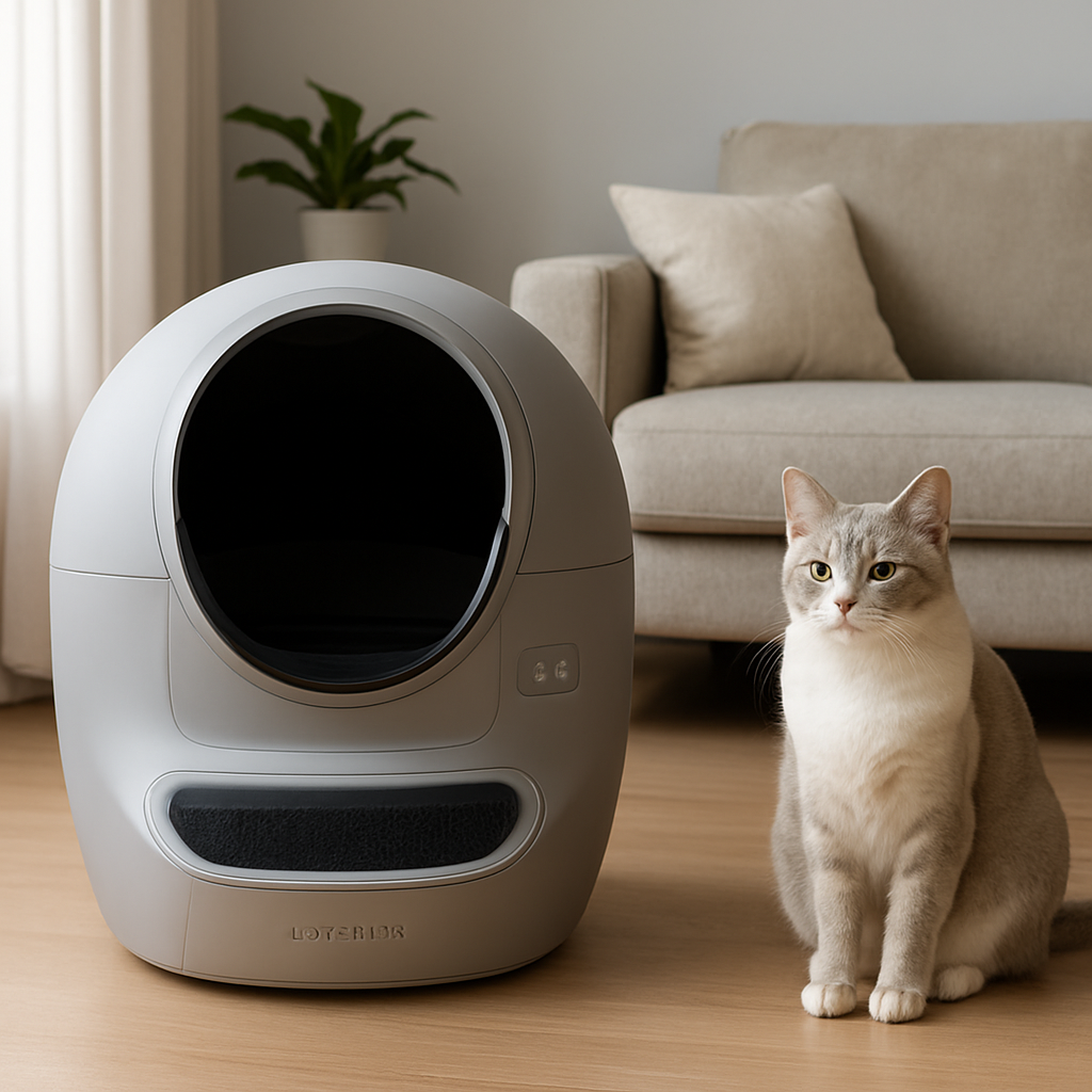 A sleek Litter‑Robot 4 Open Air unit in a modern living room, with a calm cat sitting nearby. Alt: Litter‑Robot 4 automatic cat litter box open air design, quiet operation, cat-friendly.
