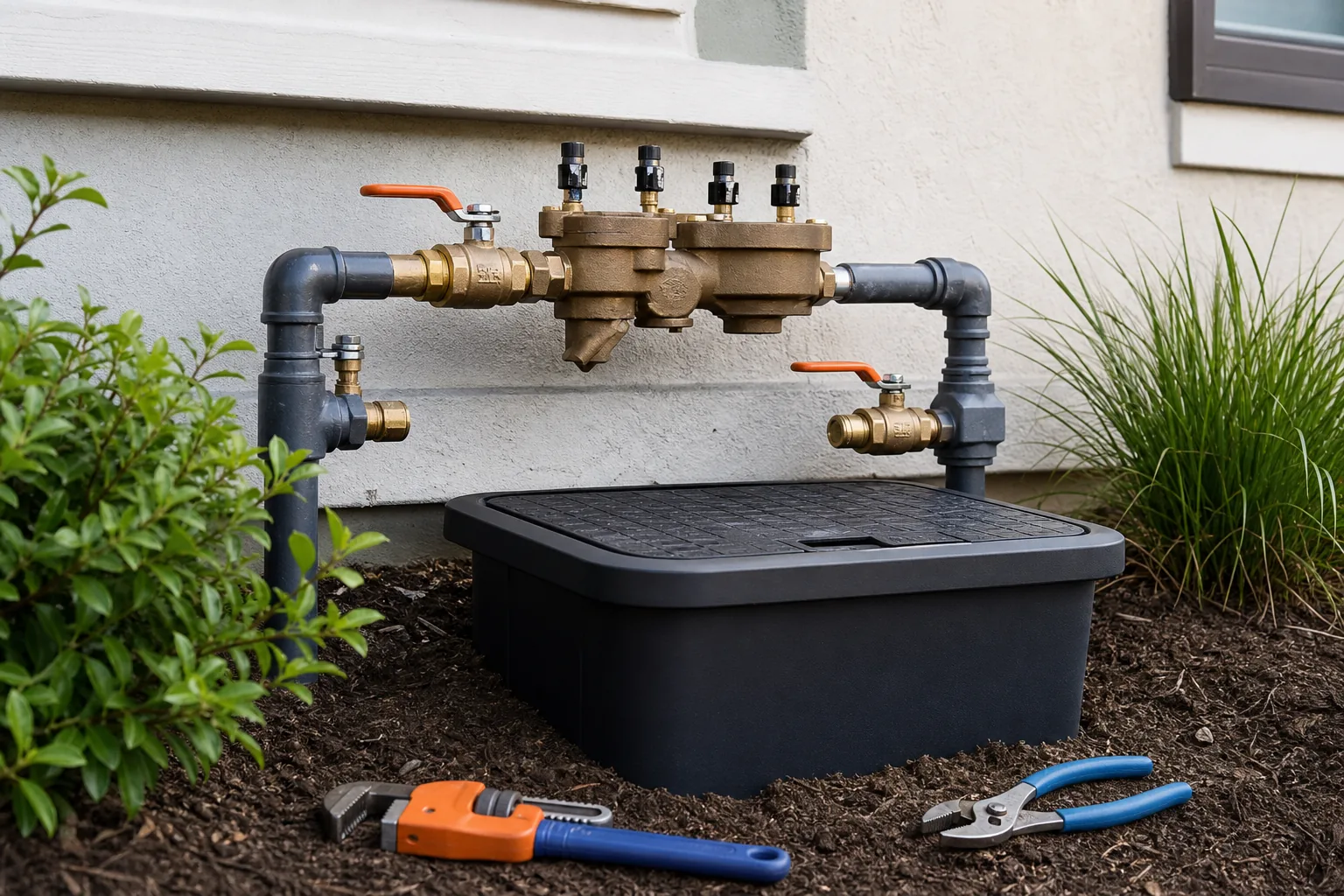 residential backflow preventer installation with upward-facing test ports