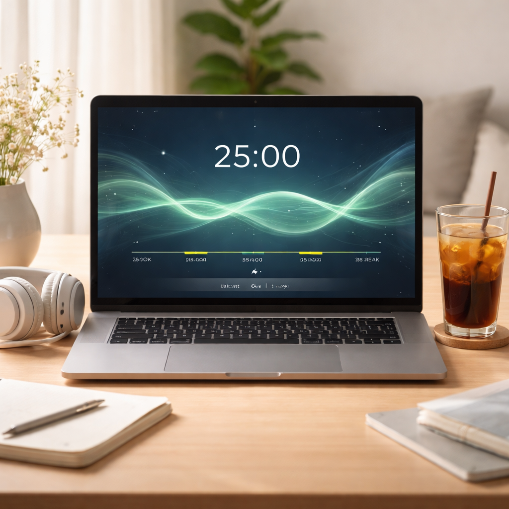 A serene study setup with a laptop, headphones, a cup of cold brew, and a visual timeline of a Pomodoro timer overlayed with flowing ambient sound waves. Alt: Ambient music study timer illustration