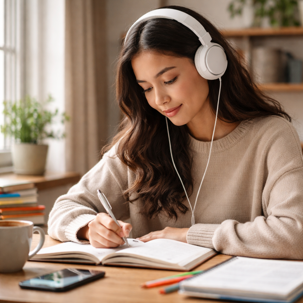 A student with headphones listening to calm background music while studying, headphones at a low volume level. Alt: student studying with headphones at low volume