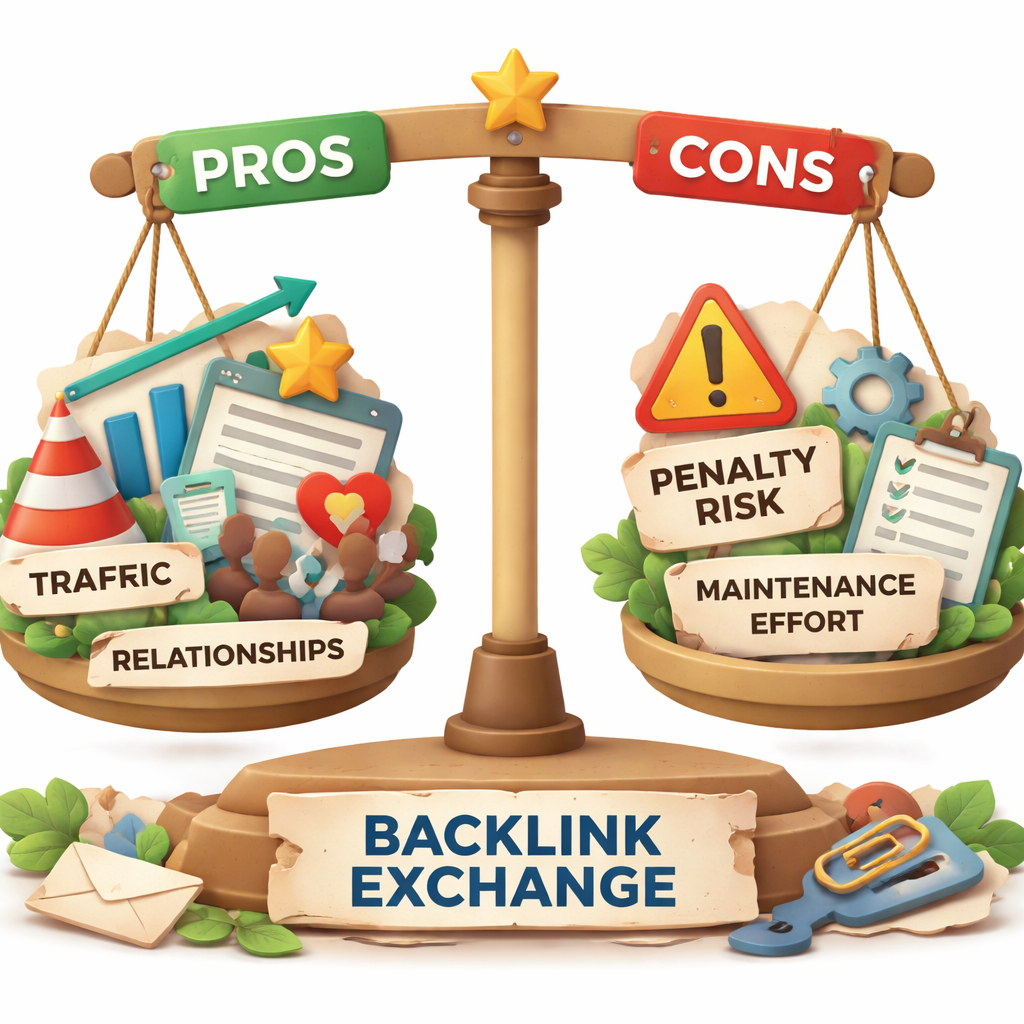A papercraft style illustration showing a balanced scale with “Pros” on one side (traffic, authority, relationships) and “Cons” on the other (penalty risk, maintenance effort). Alt: backlink exchange benefits vs risks illustration.