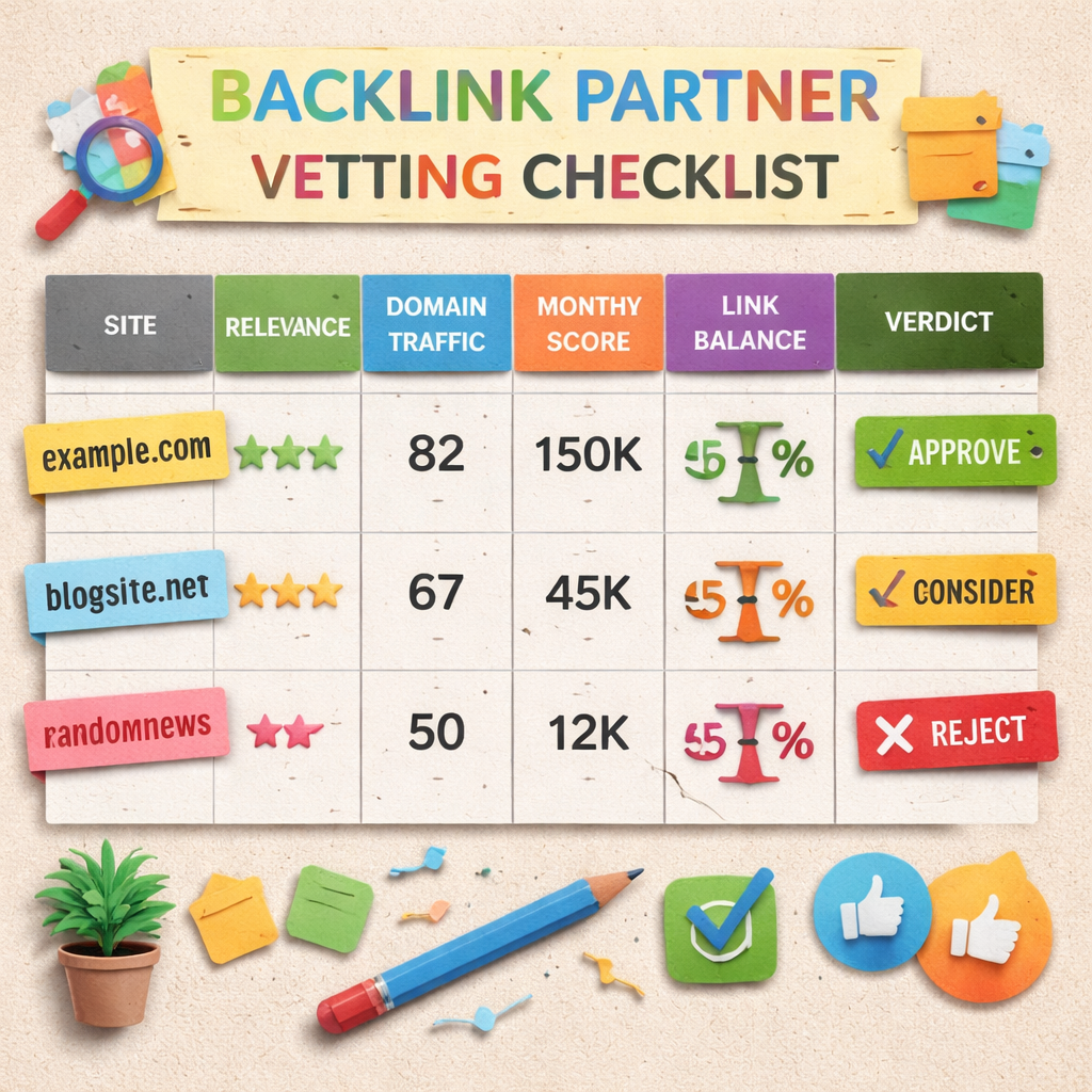 A papercraft style grid showing columns for Site, Relevance, Domain Rating, Monthly Traffic, Spam Score, Link Balance, Verdict. Alt: backlink partner vetting checklist illustration.
