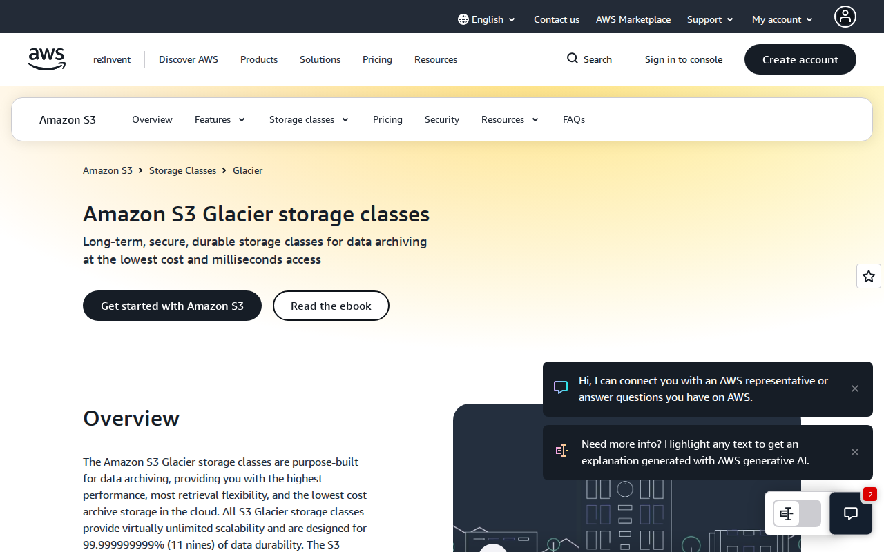 AWS Glacier homepage screenshot