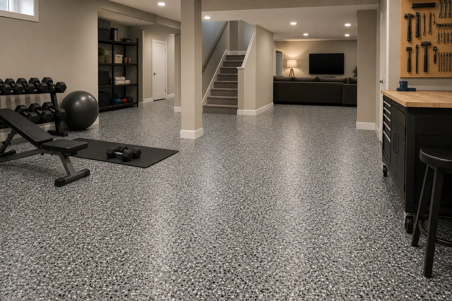Illustration for Flake Concrete Coating System for Multipurpose Basement Spaces