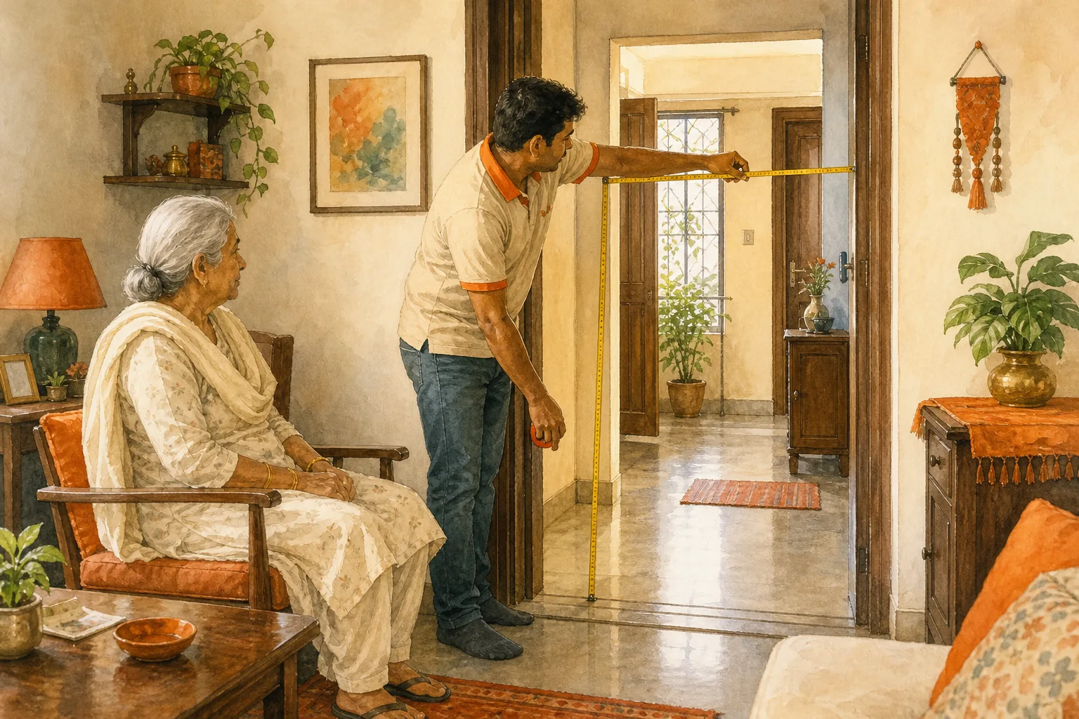 Measuring an Indian home's doorway and turning space for an indoor battery-powered wheelchair.