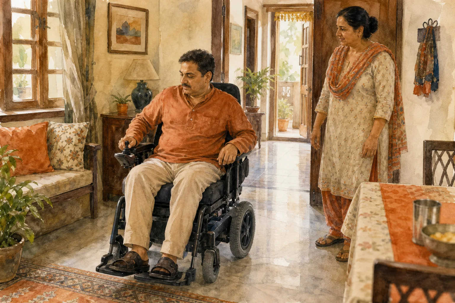 Testing wheelchair joystick control and turning space inside an Indian home.