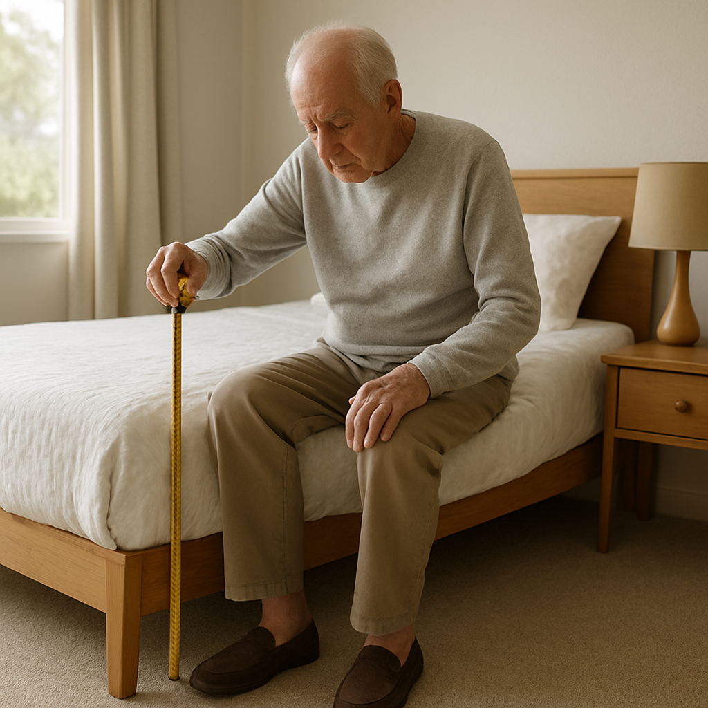 A photorealistic scene of an elderly person sitting on the edge of a bed in a bright Australian bedroom, feet flat on the floor, a measuring tape in hand showing the height from floor to mattress, with a nightstand and gentle natural light streaming in. Alt: Assessing best bed height for seniors with clear visual cues and comfortable setting.