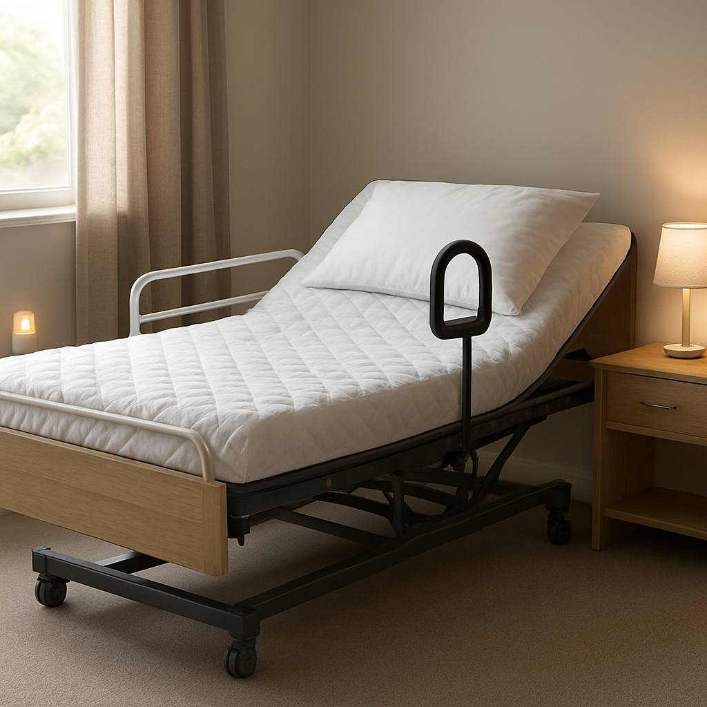 A photorealistic scene of an Australian bedroom showing an adjustable bed set at the optimal height for seniors, equipped with side‑rails, a bedside grab bar, a non‑slip mattress pad, and soft motion‑activated night lights. The room has a calm, natural light entering through a window, highlighting the safety accessories. Alt: Best bed height for seniors with safety accessories in realistic style.