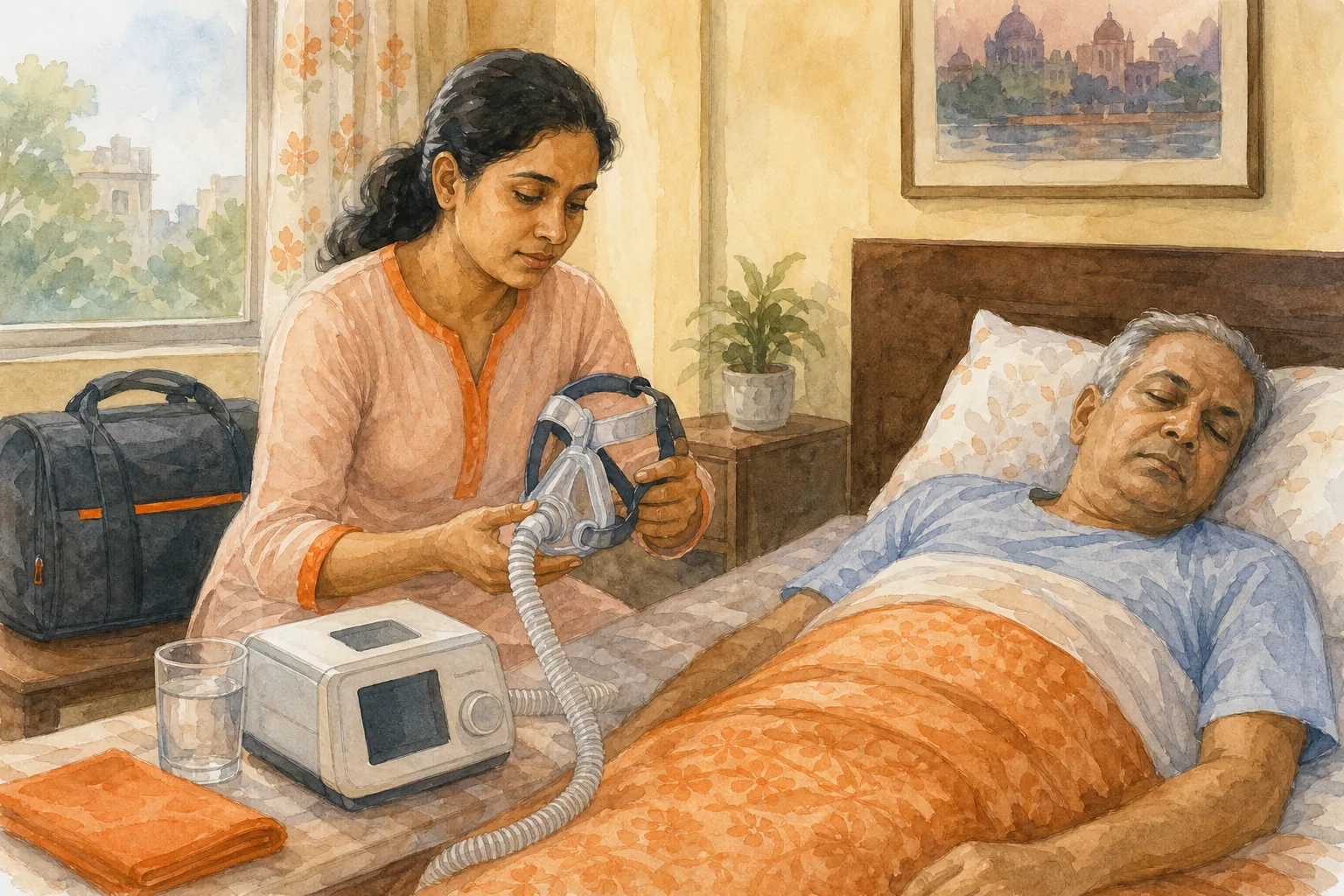 Caregiver preparing BiPAP equipment for home use and travel in India.
