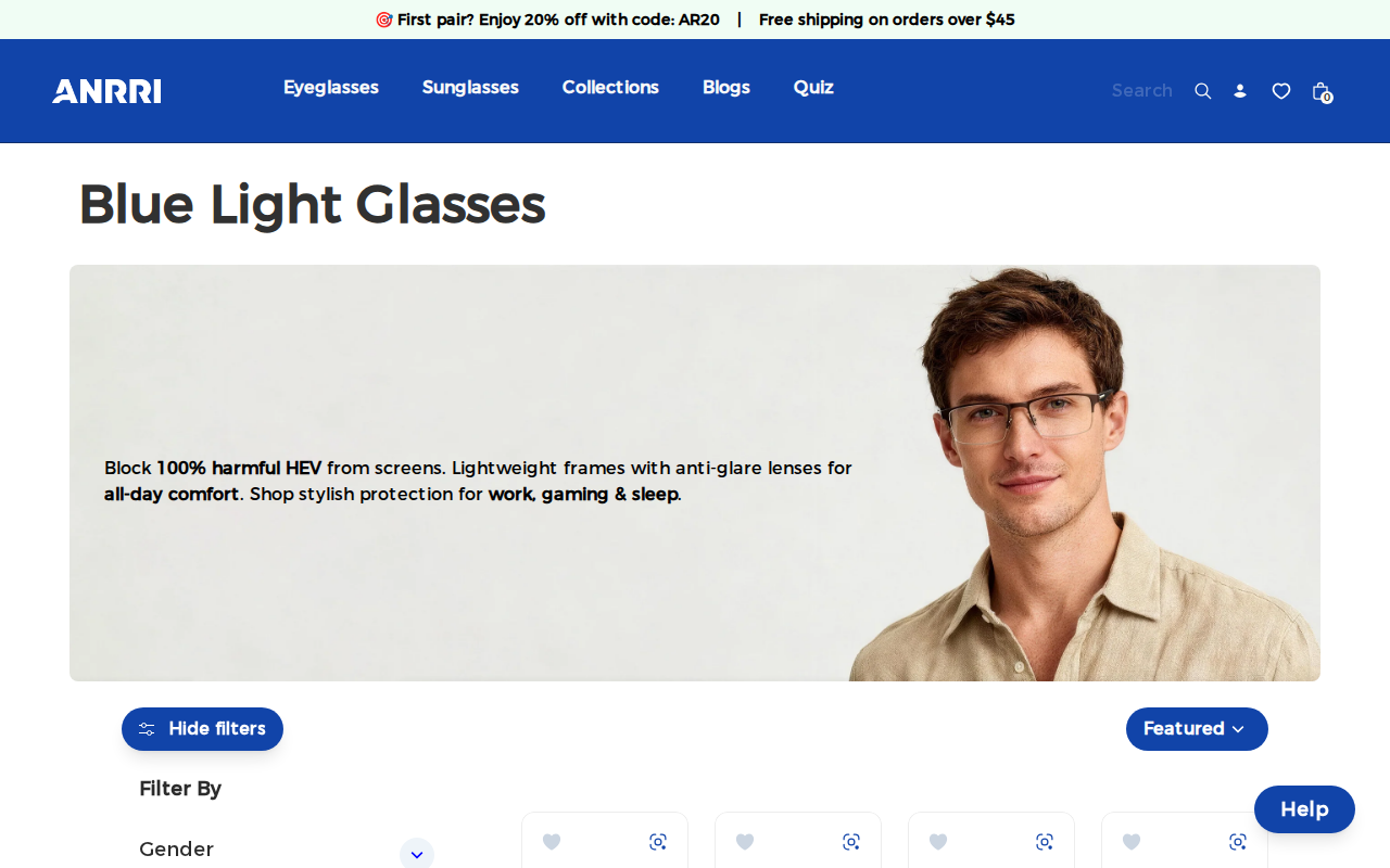 Anrri blue light glasses homepage screenshot