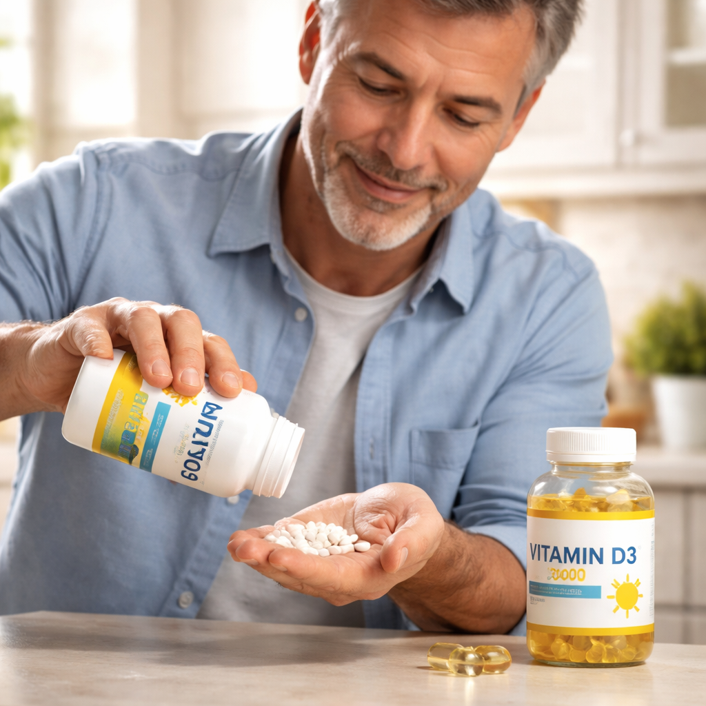 A photorealistic close‑up of a man in his 50s pouring a calcium supplement into his hand next to a bottle of vitamin D3 soft‑gel, bright kitchen lighting, realistic style, alt: calcium and vitamin D3 blend for bone health in men over 50.