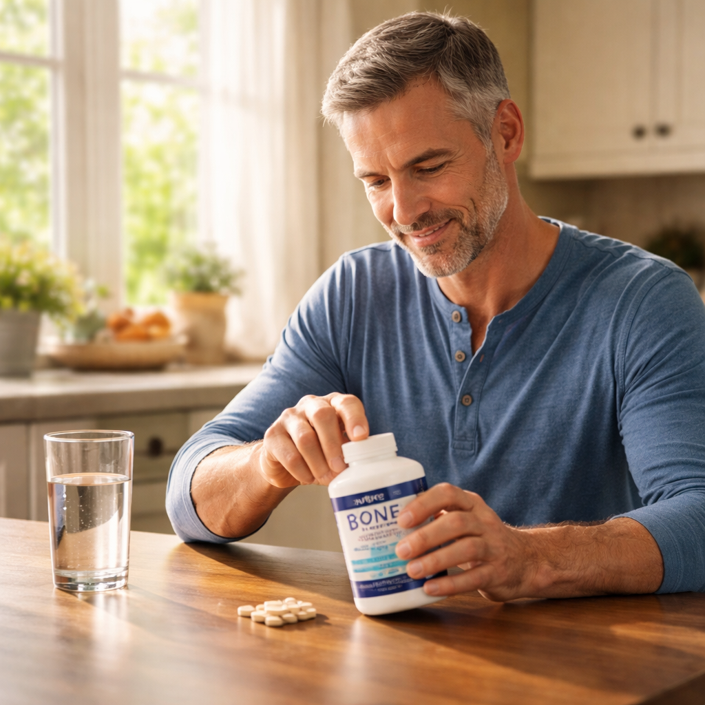 A photorealistic scene of a middle‑aged man sitting at a kitchen table, opening a bottle of bone health supplement, a glass of water beside him, sunlight streaming through a window. Alt: Best bone health supplement for men over 50 on a kitchen counter.