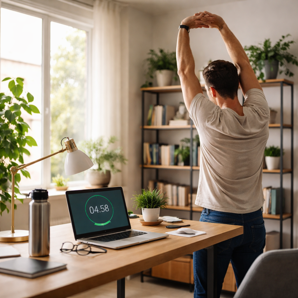 A photorealistic scene of a home office with a person standing, arms raised in a ceiling stretch, a sleek water bottle on the desk, and a subtle timer on a laptop screen. Alt: person doing quick stretch during a work break, highlighting best break activities between work sessions.