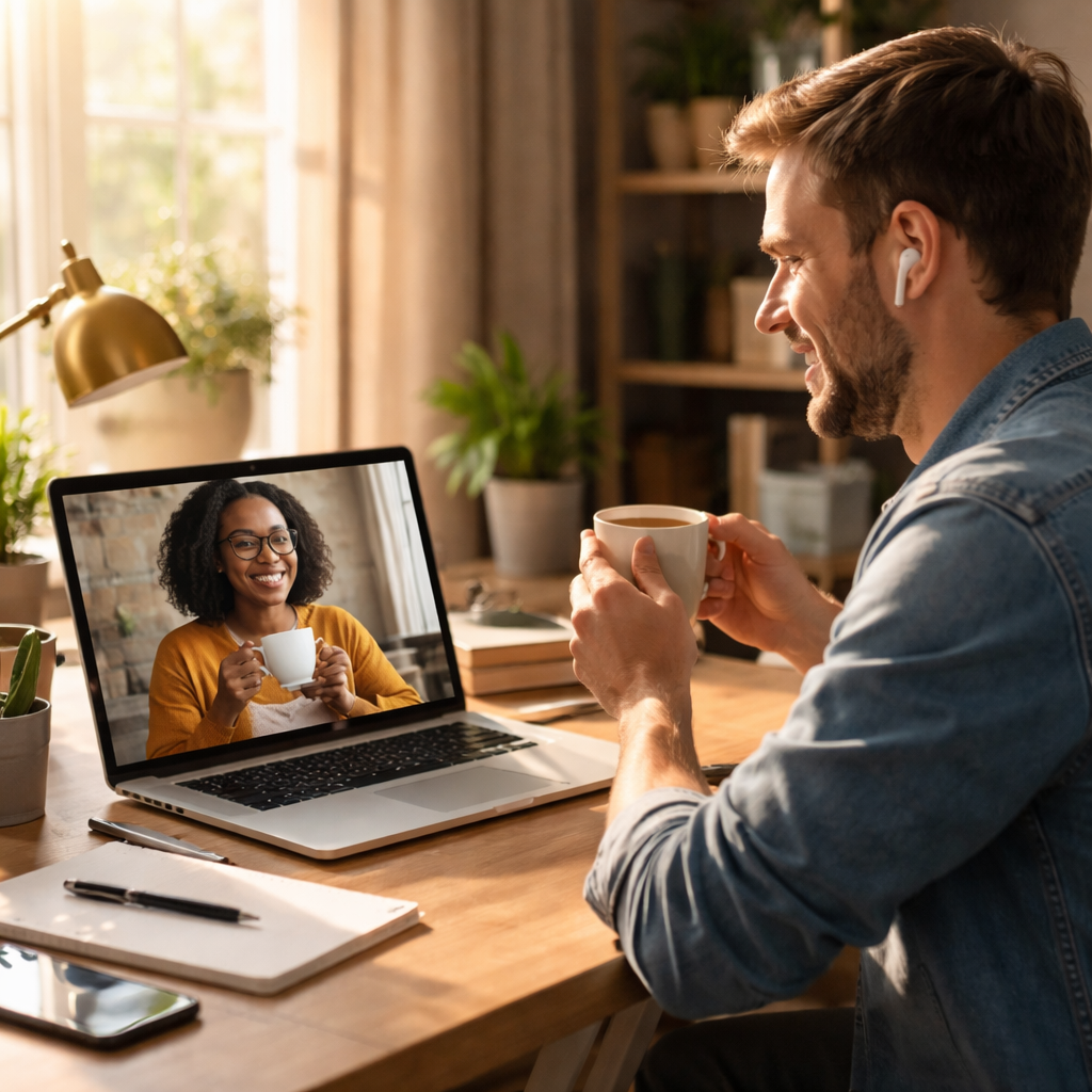 A photorealistic scene of a remote worker at a home desk smiling while video‑calling a colleague, both holding coffee mugs, sunlight streaming through a window, illustrating a quick social check‑in break, Alt: Light social connection break activity between work sessions.