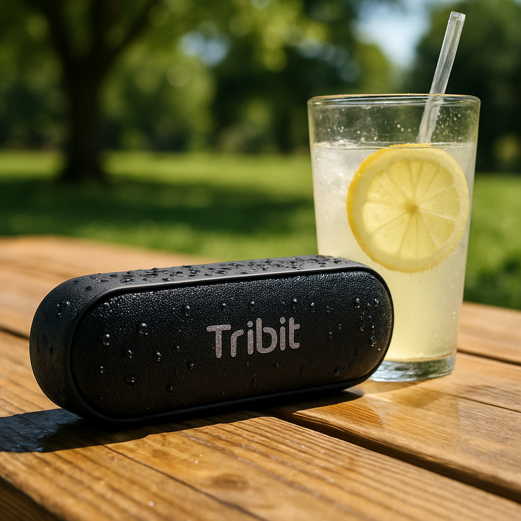 A Tribit XSound Go speaker on a picnic table beside a glass of lemonade, with water droplets on the side to highlight its waterproof design. Alt: Tribit XSound Go waterproof Bluetooth speaker with vibrant sound on an outdoor picnic.