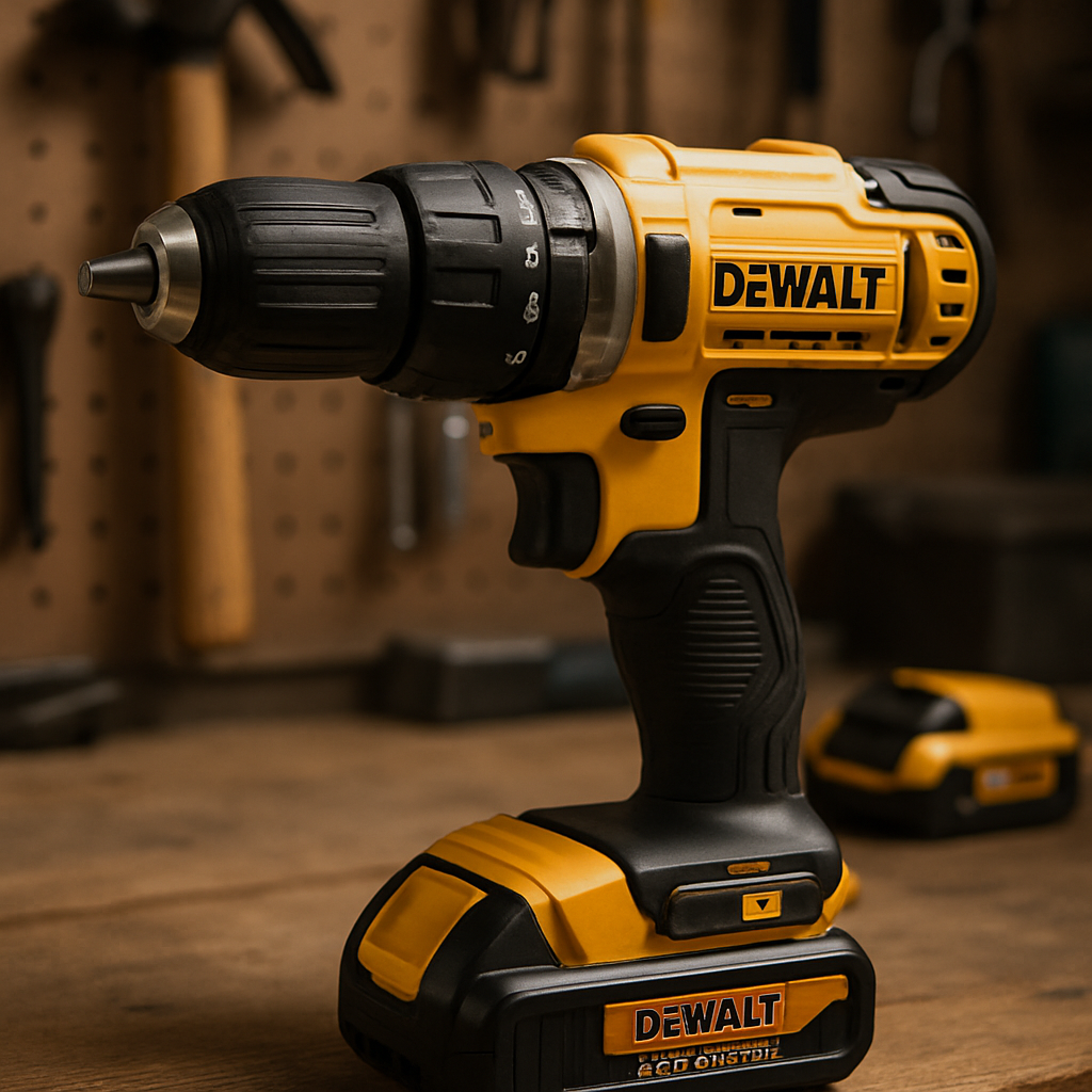 A close‑up of the Dewalt DCD771C2 drill in a home workshop, showing the brushed motor housing and two 20V batteries. Alt: Dewalt DCD771C2 budget cordless drill in action.