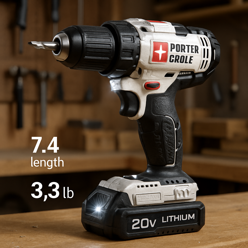 A close‑up of the Porter‑Cable PCCK607L in a home workshop, showing its compact 7.4″ length, lightweight 3.3 lb body, and LED work light. Alt: Porter‑Cable 20V cordless drill lightweight compact design.