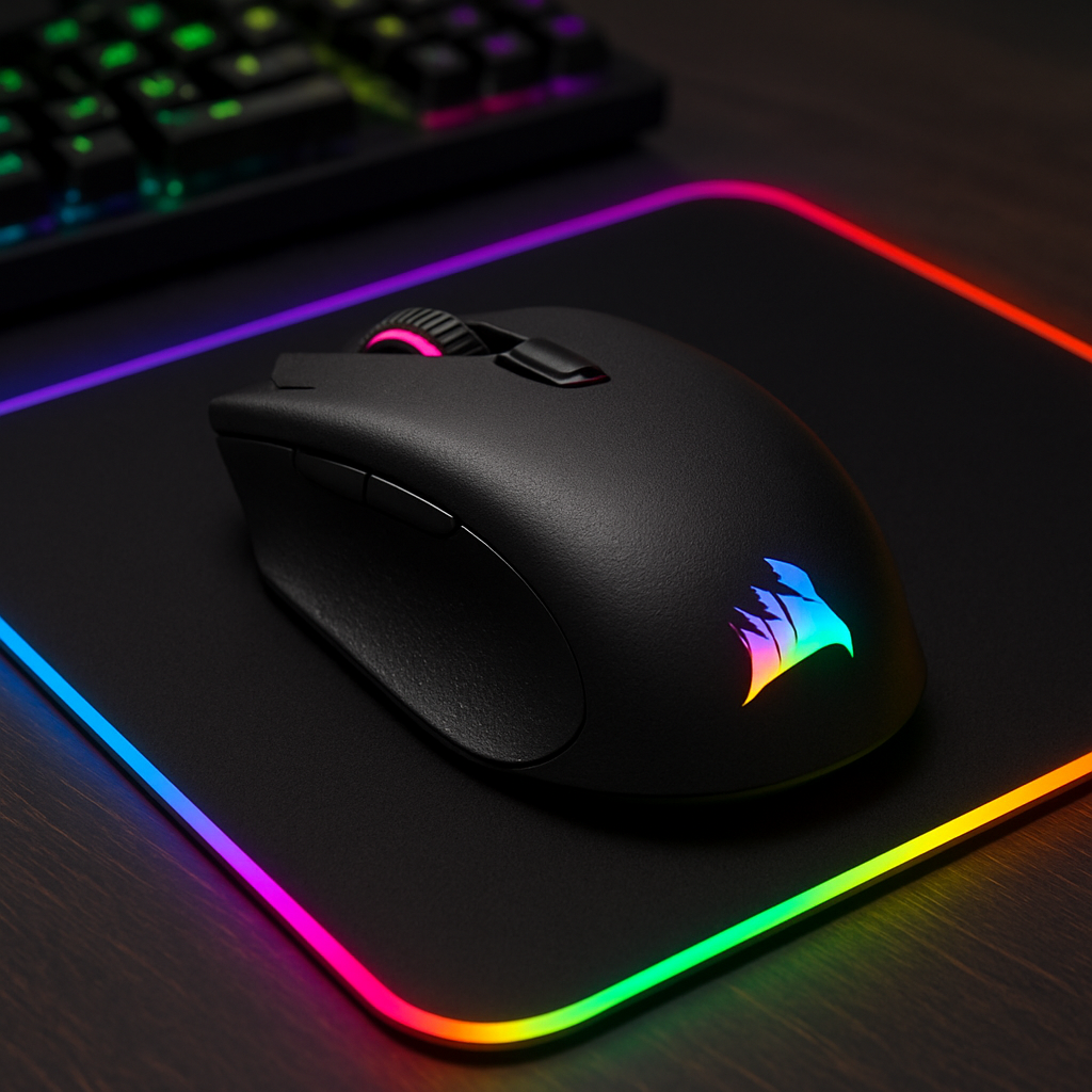 Corsair Harpoon RGB Wireless glowing on a gaming desk, showing vibrant RGB lighting. Alt: Corsair Harpoon RGB Wireless best budget gaming mouse wireless with RGB lights