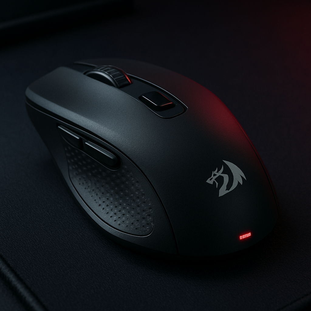 A close‑up of the Redragon M690 wireless gaming mouse on a dark gaming desk, showing its matte grip, side buttons, and a subtle LED indicator. Alt: Redragon M690 best budget gaming mouse wireless with ultra‑low latency