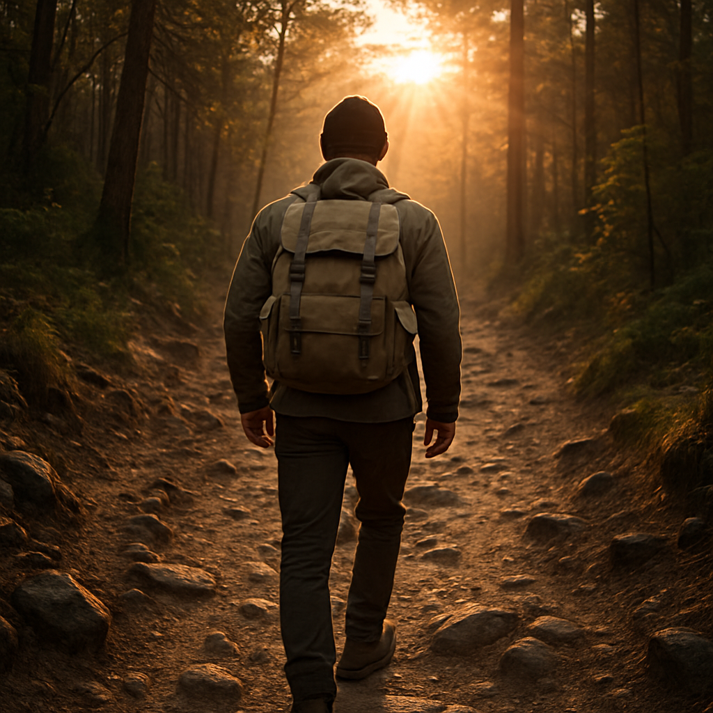 A rugged trail with a hiker wearing a simple, sturdy backpack, sunrise light filtering through trees. Alt: budget hiking backpack on a forest trail