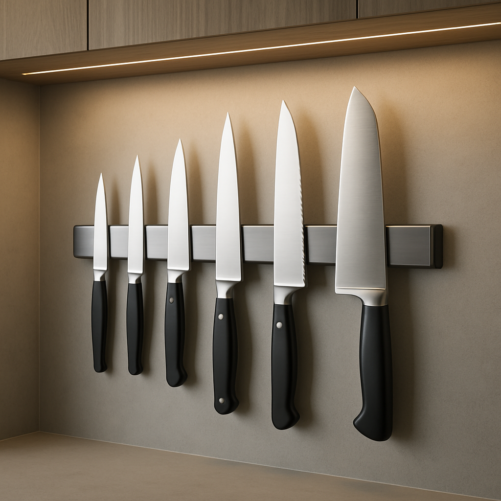 A modern kitchen wall with a sleek stainless‑steel magnetic knife rack holding a variety of knives, highlighted by soft lighting. Alt: Heavy‑duty budget magnetic knife rack for kitchen, 123 Series, showcasing strong neodymium magnets and low‑profile design.
