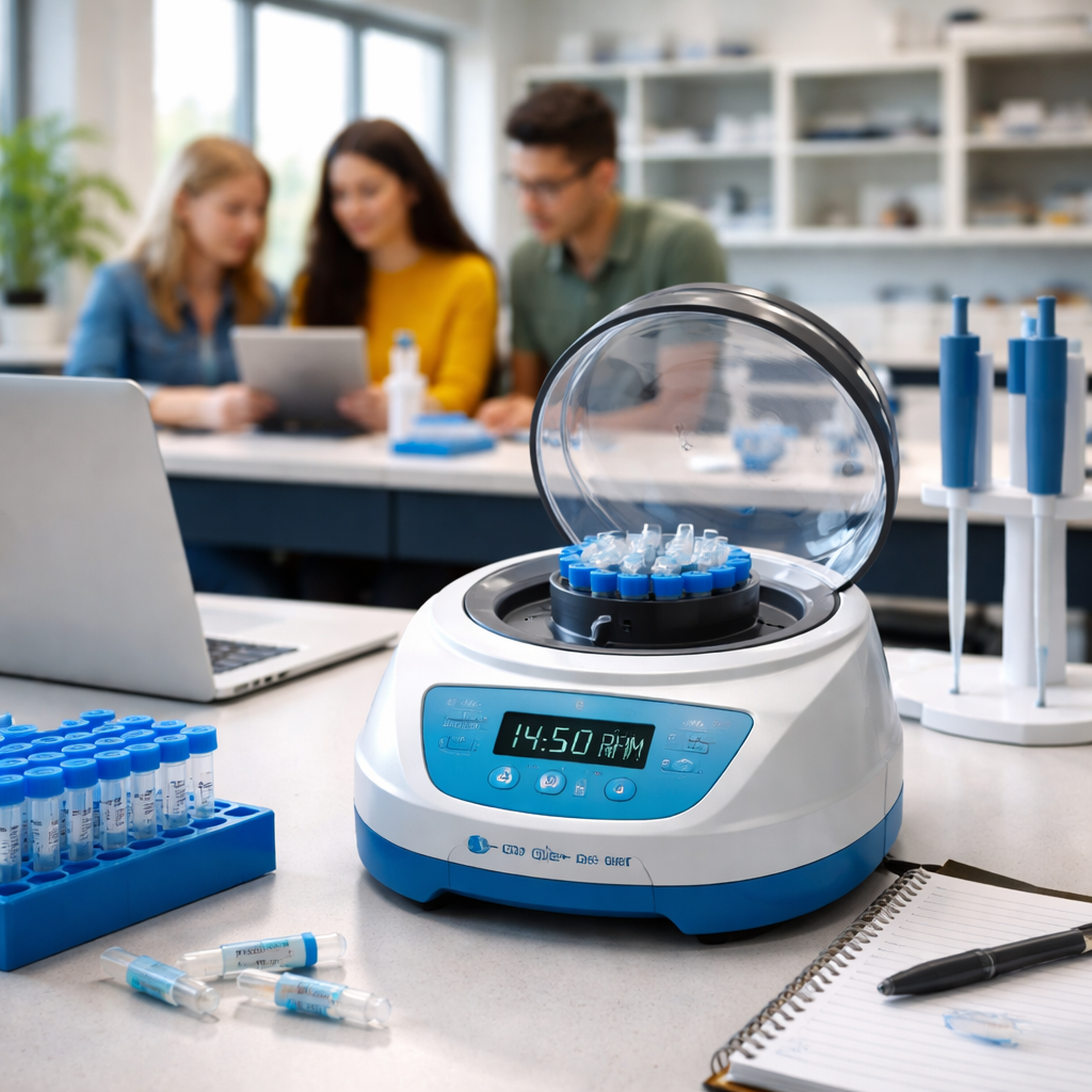 A photorealistic, real‑world classroom lab scene showing a compact XYZ Budget Microcentrifuge on a clean bench with 1.5 mL tubes, students in the background, natural lighting, and a laptop nearby. Alt: XYZ Budget Microcentrifuge on teaching-lab bench with tubes and students.