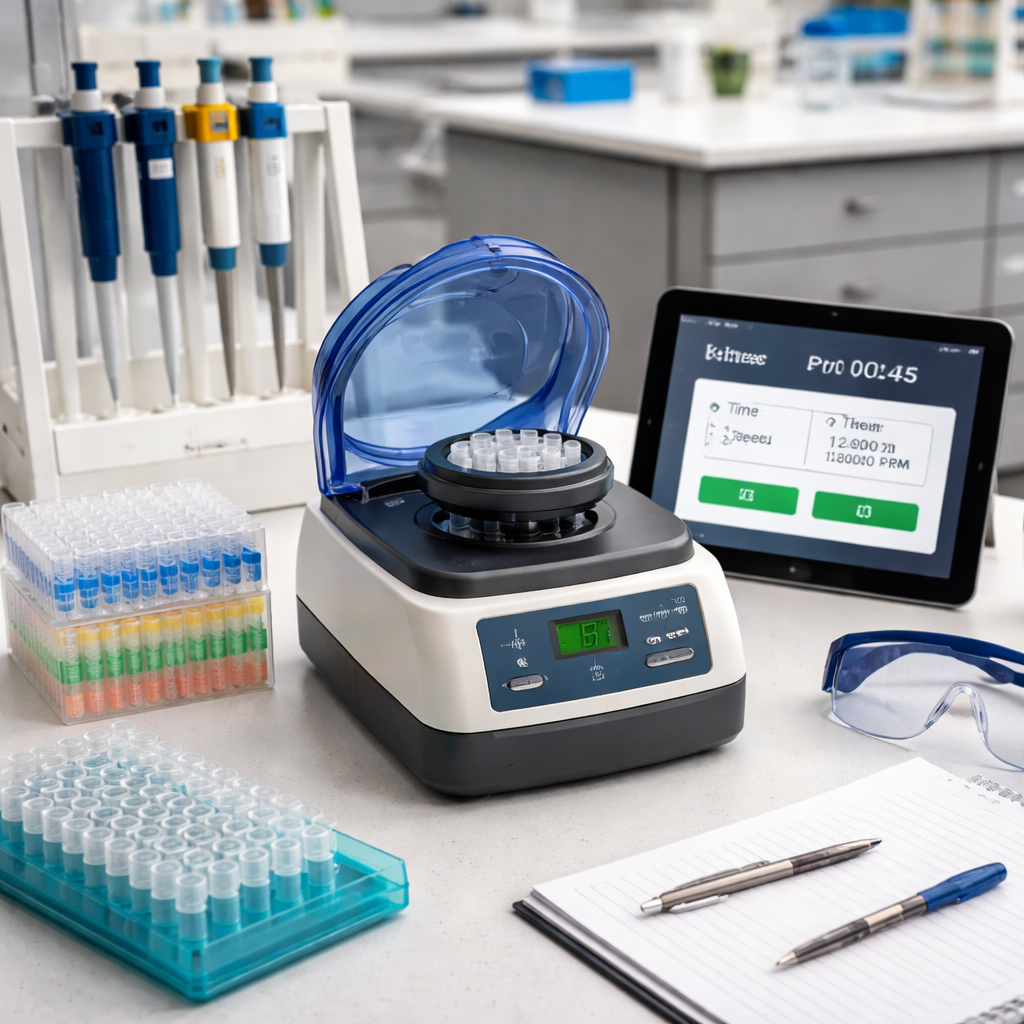 A photorealistic lab bench in a teaching lab, LabPro Mini on the bench next to a small pipette rack, a tablet showing spin settings, and a stack of 0.5–2 mL tubes. Alt: LabPro Mini on a tidy teaching-lab bench.