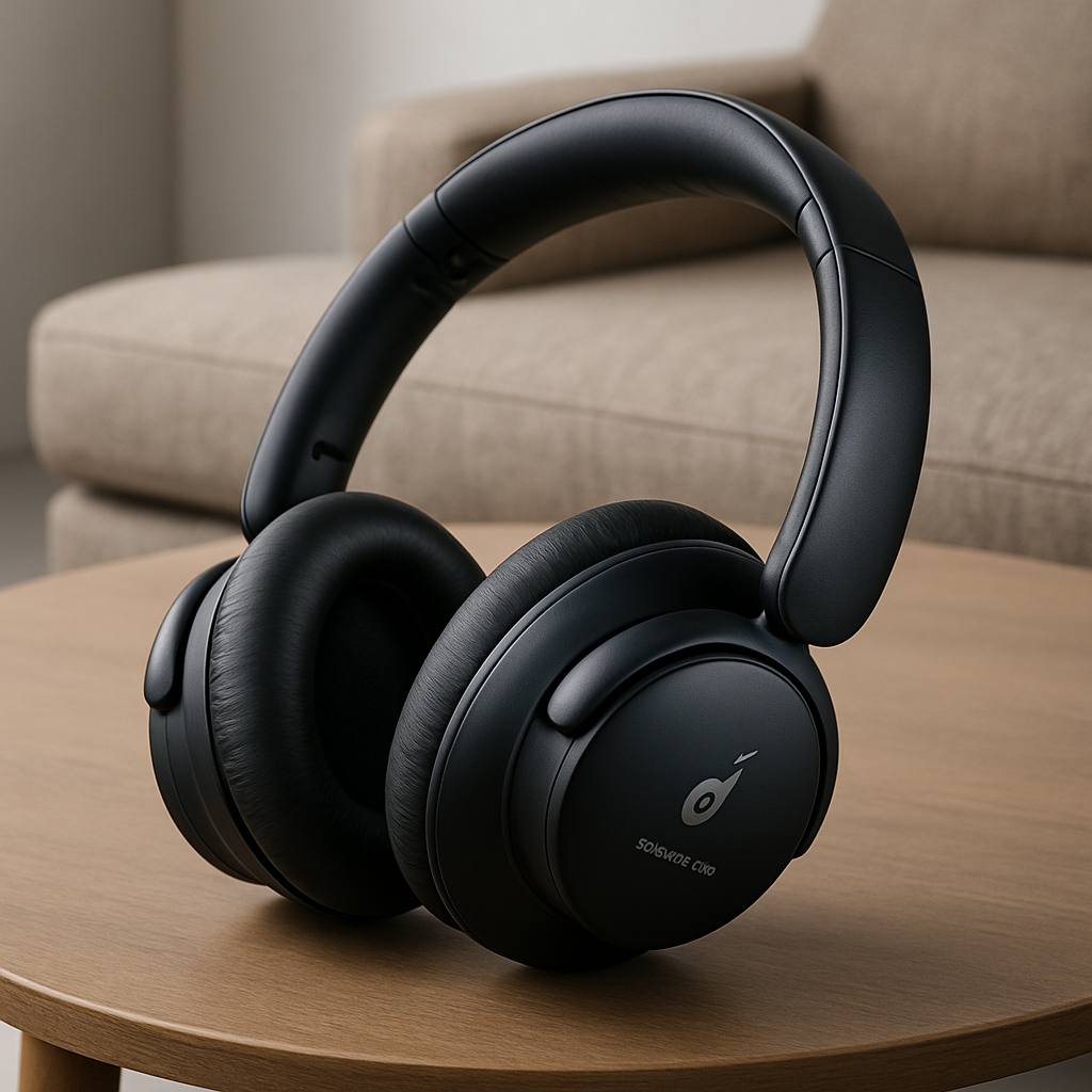 A sleek pair of Anker Soundcore Life Q30 headphones resting on a coffee table, showing the plush ear cups and soft headband. Alt: Anker Soundcore Life Q30 budget noise cancelling headphones.
