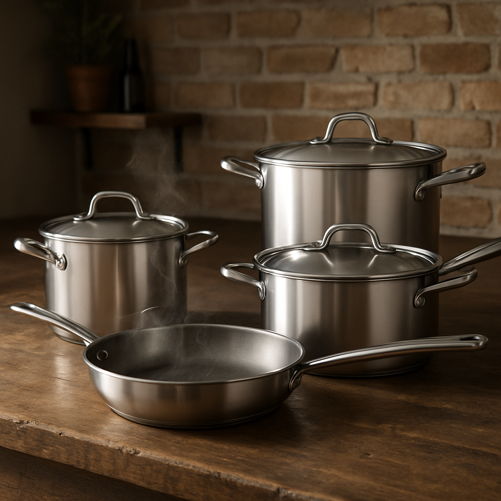 A sleek stainless steel cookware set on a rustic kitchen countertop, steam rising from a skillet. Alt: Budget-friendly stainless steel cookware set for home cooking