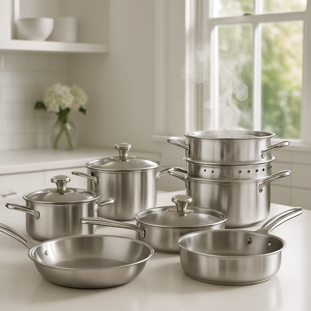 A stainless steel cookware set on a bright kitchen counter, showing a fry pan, sauté pan, saucepans, stockpot, and steamer insert, with steam rising from a pot. Alt: Compact budget stainless steel cookware set for home chefs