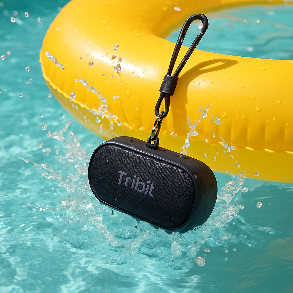 A Tribit XSound Go speaker clipped to a pool float, bright summer lighting, water splashing around, showing its IPX7 waterproof rating and portable strap. Alt: Tribit XSound Go waterproof Bluetooth speaker for pool parties under $30