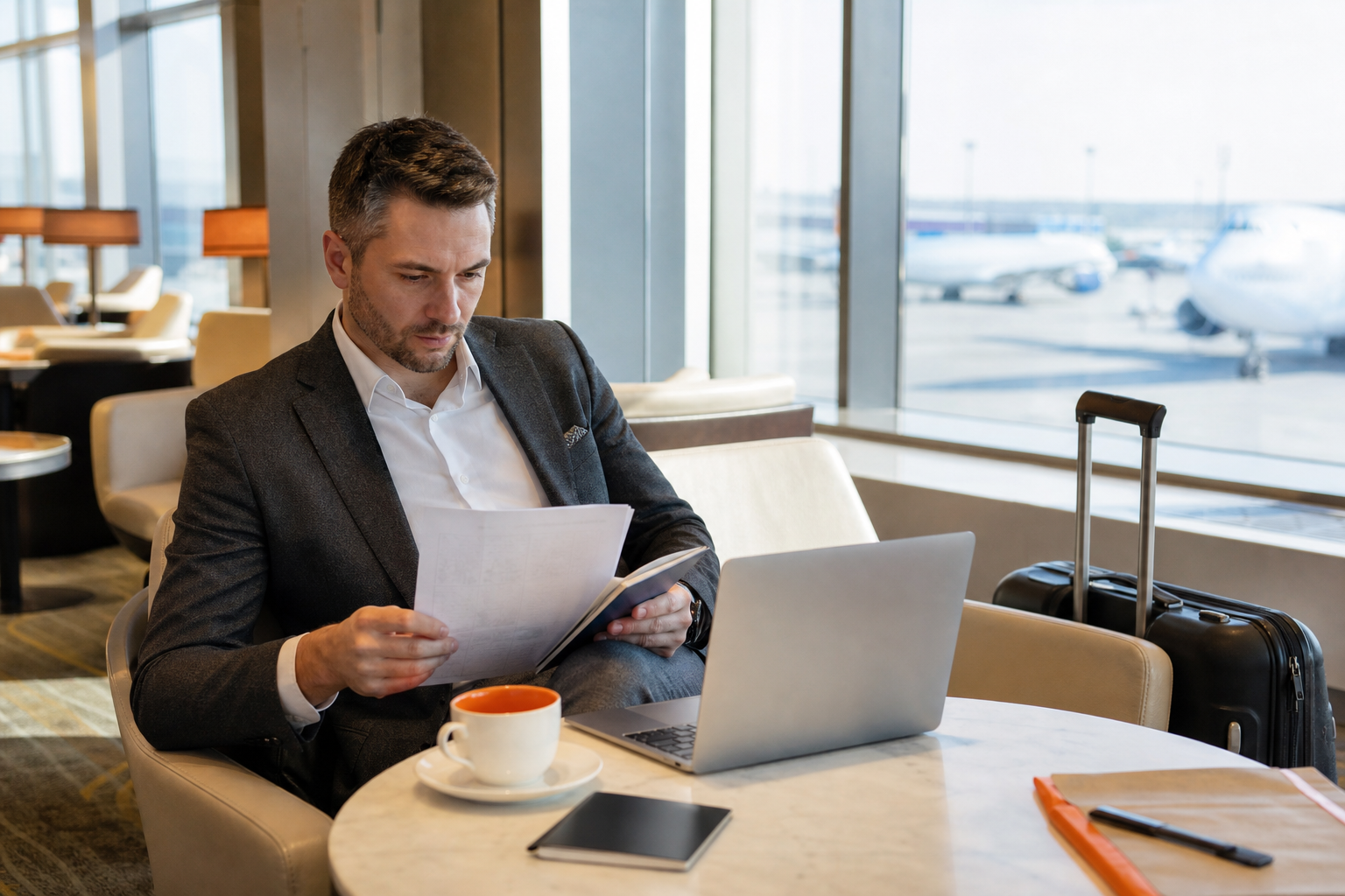 business traveler comparing premium travel card benefits in an airport lounge.