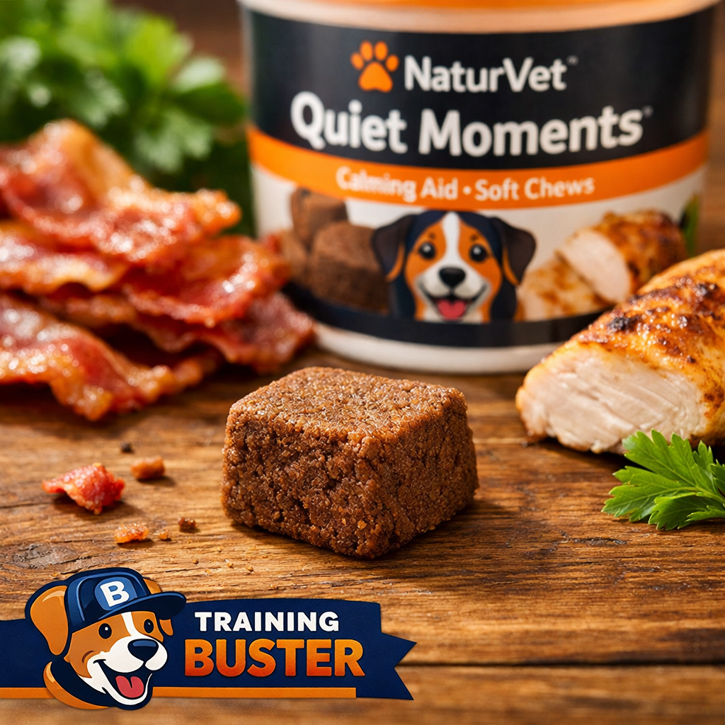 A photorealistic close-up of a soft chew treat on a wooden surface, with bacon and chicken flavors hinted by ingredients nearby. Alt: Best calming treats for dogs - NaturVet Quiet Moments soft chews