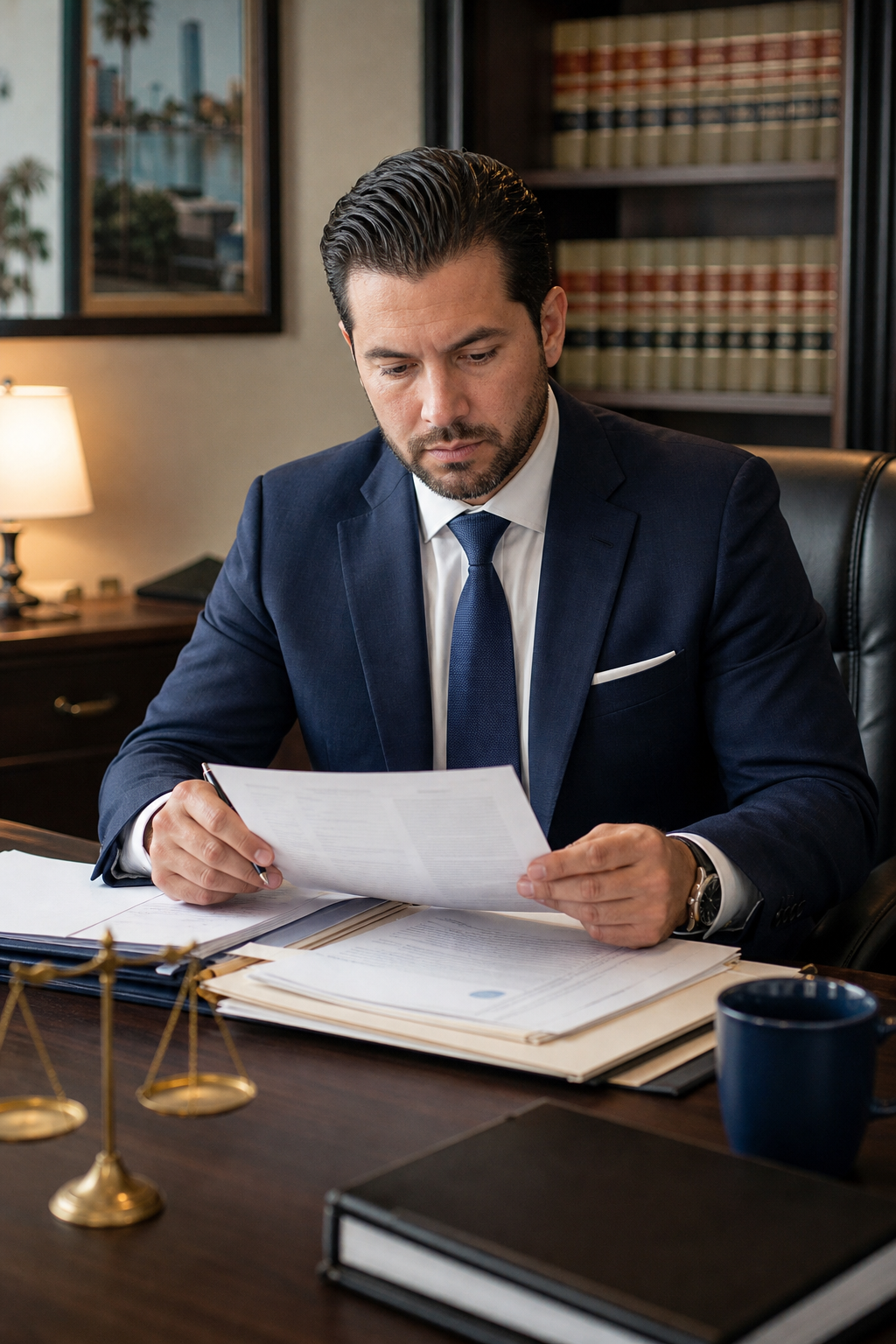 A confident attorney in a professional Tampa law office reviewing case documents at a desk, with warm lighting and legal books in the background. Realism style. Alt: best car accident lawyer Tampa at Martin J. Hernandez P.A. reviewing a case.