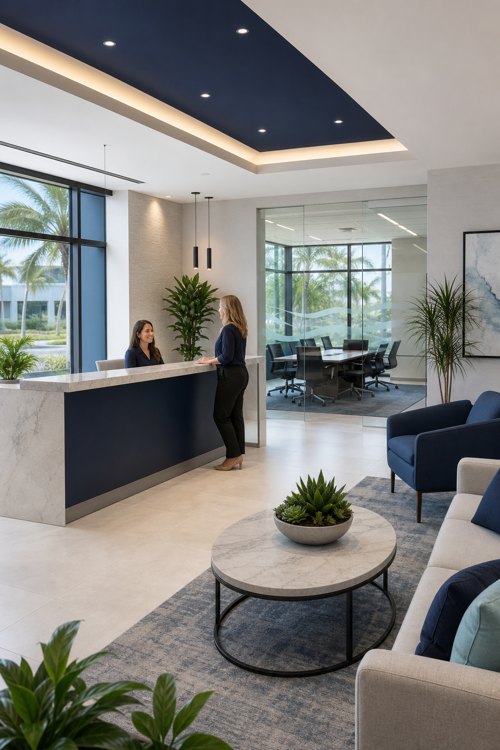 A modern law firm office lobby in Tampa with professional staff at reception, clean lines, and natural light. Realism style. Alt: Morgan and Morgan Tampa car accident law firm office lobby.