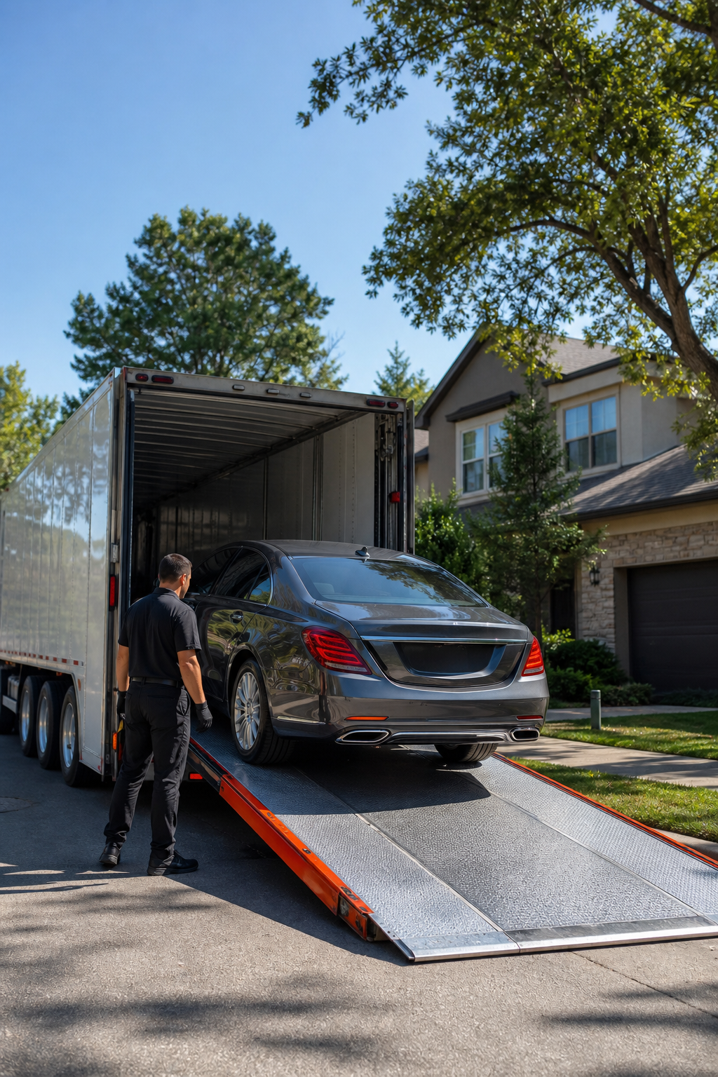 A photorealistic scene of a clean, modern auto transport truck loading a sleek sedan at a suburban driveway, bright daylight, realistic shadows, showing door‑to‑door service