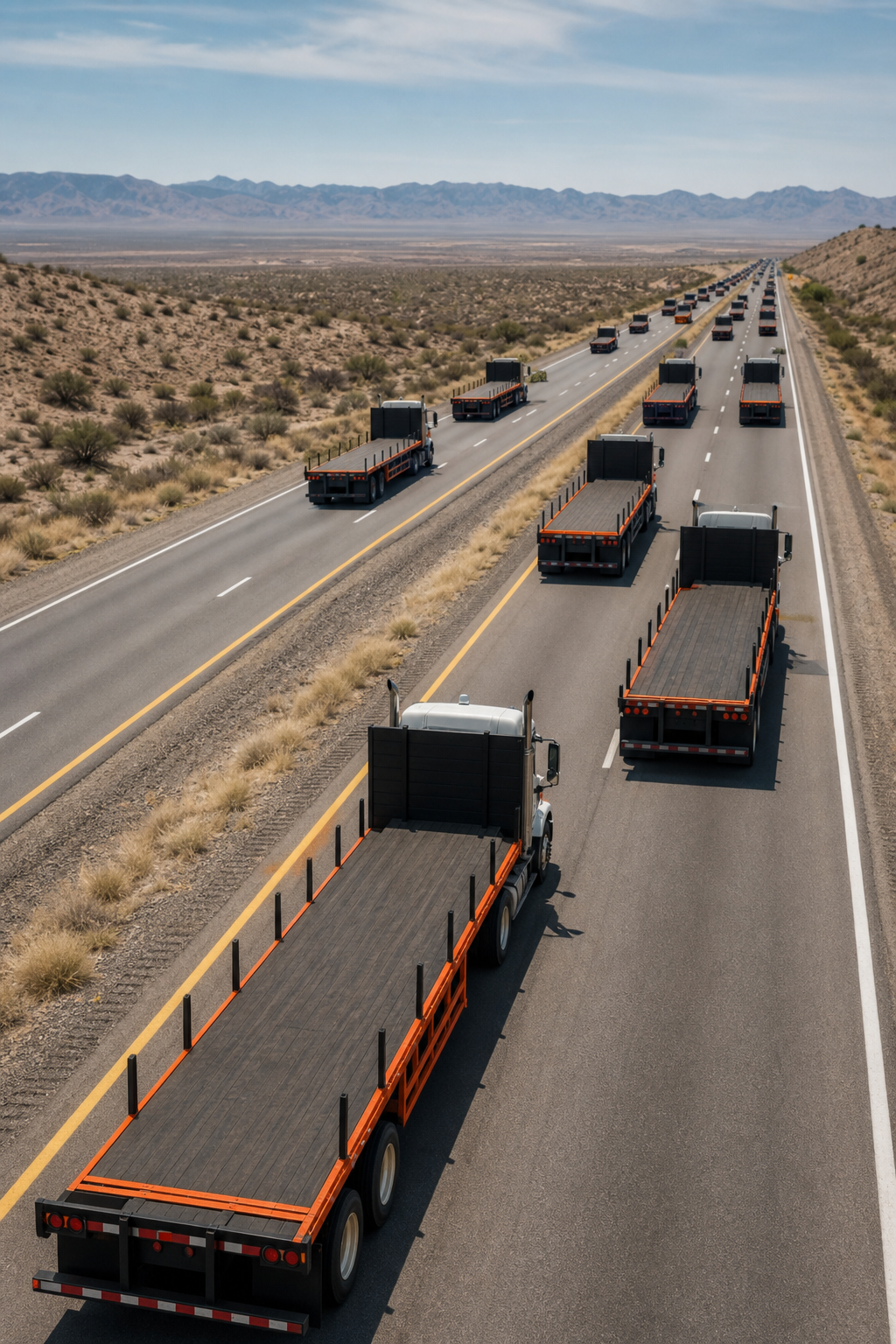 A photorealistic view of a large fleet of open‑deck trailers on a highway, showing the scale of nationwide coverage