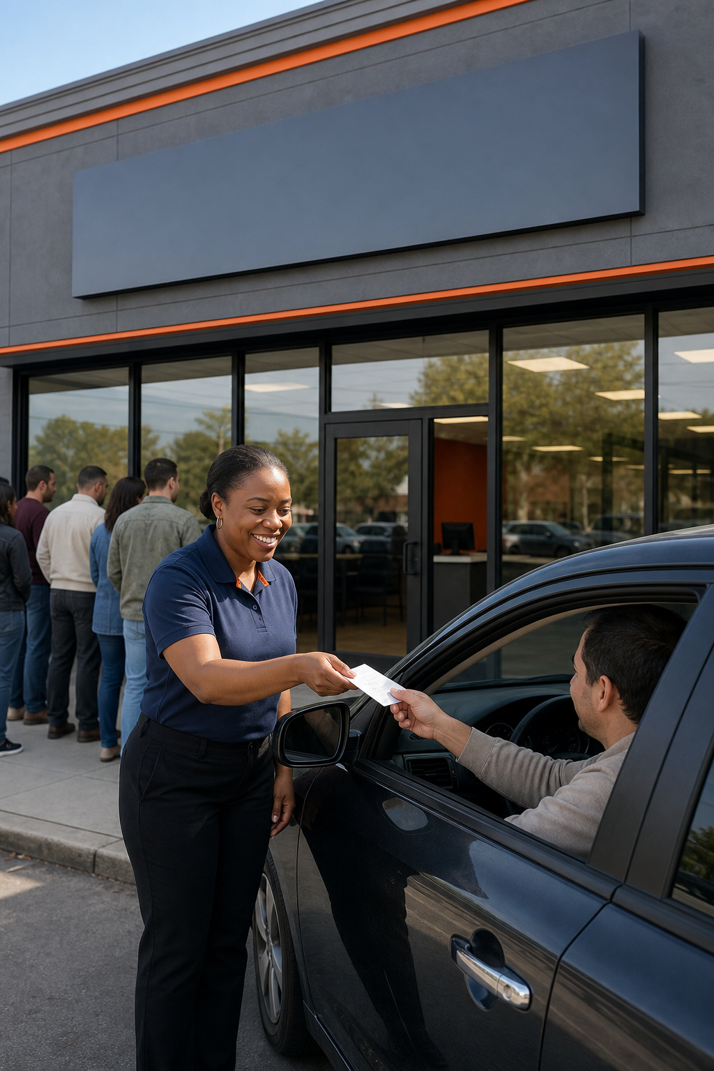 A photorealistic view of a TitleMax storefront with a large sign, a line of customers, and a friendly staff member handing a cash receipt to a driver. Alt: TitleMax storefront with customers