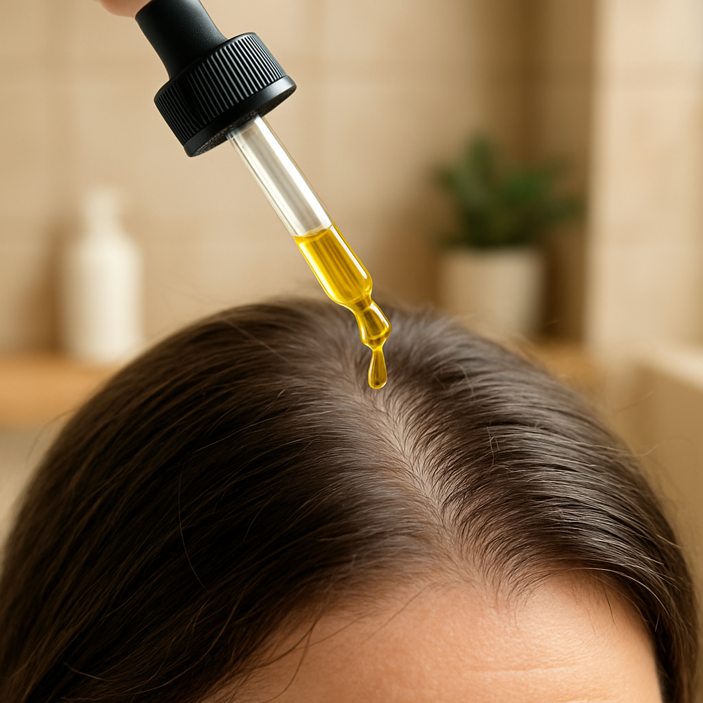 A close‑up of a dropper dispensing golden organic cold‑pressed castor oil onto a scalp, soft lighting, natural bathroom setting. Alt: Organic cold‑pressed castor oil for hair growth, best castor oil for hair growth.