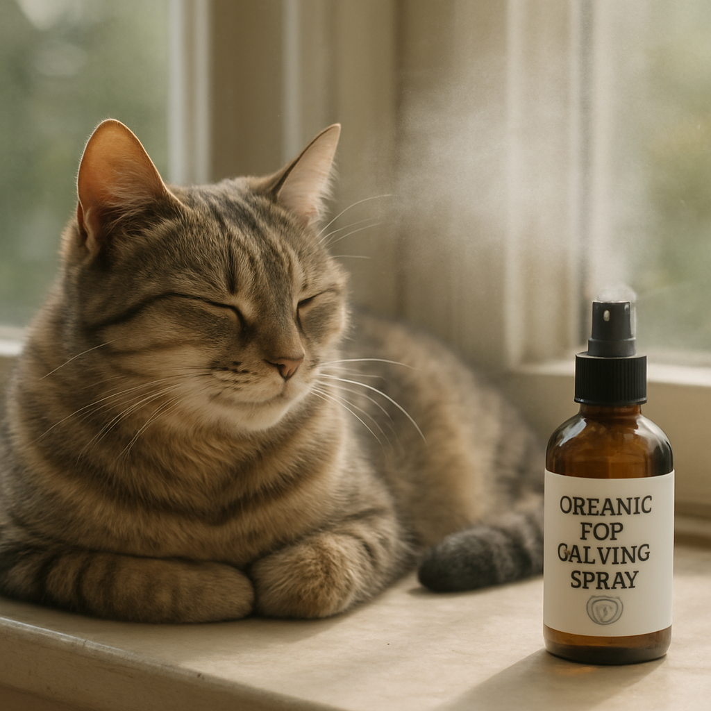 A serene cat lounging on a sunlit windowsill, a light mist of organic calming spray visible in the air. Alt: Organic cat calming spray creating a calming atmosphere for a relaxed cat.