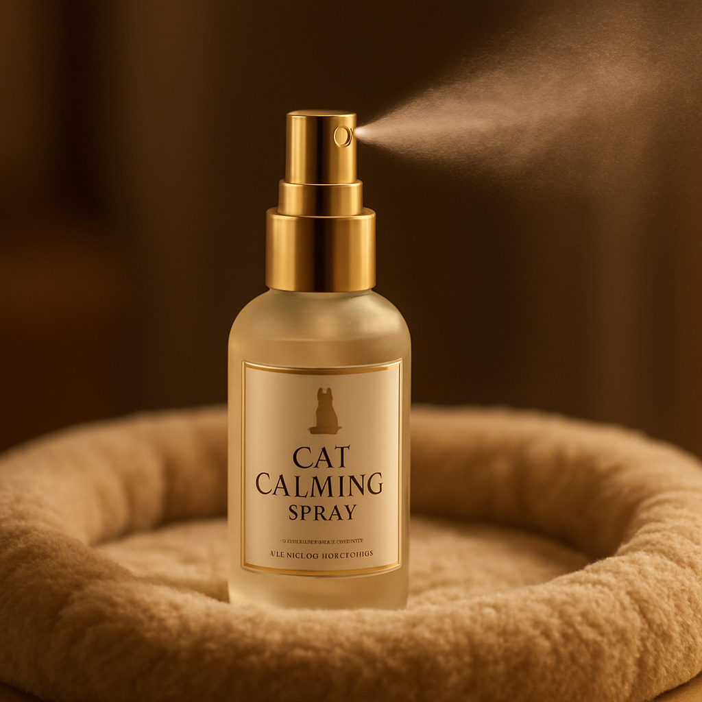 A sleek, gold‑accented cat calming spray bottle perched on a plush cat bed, soft ambient lighting highlighting the mist. Alt: Premium luxury cat calming spray deluxe formula in an elegant setting